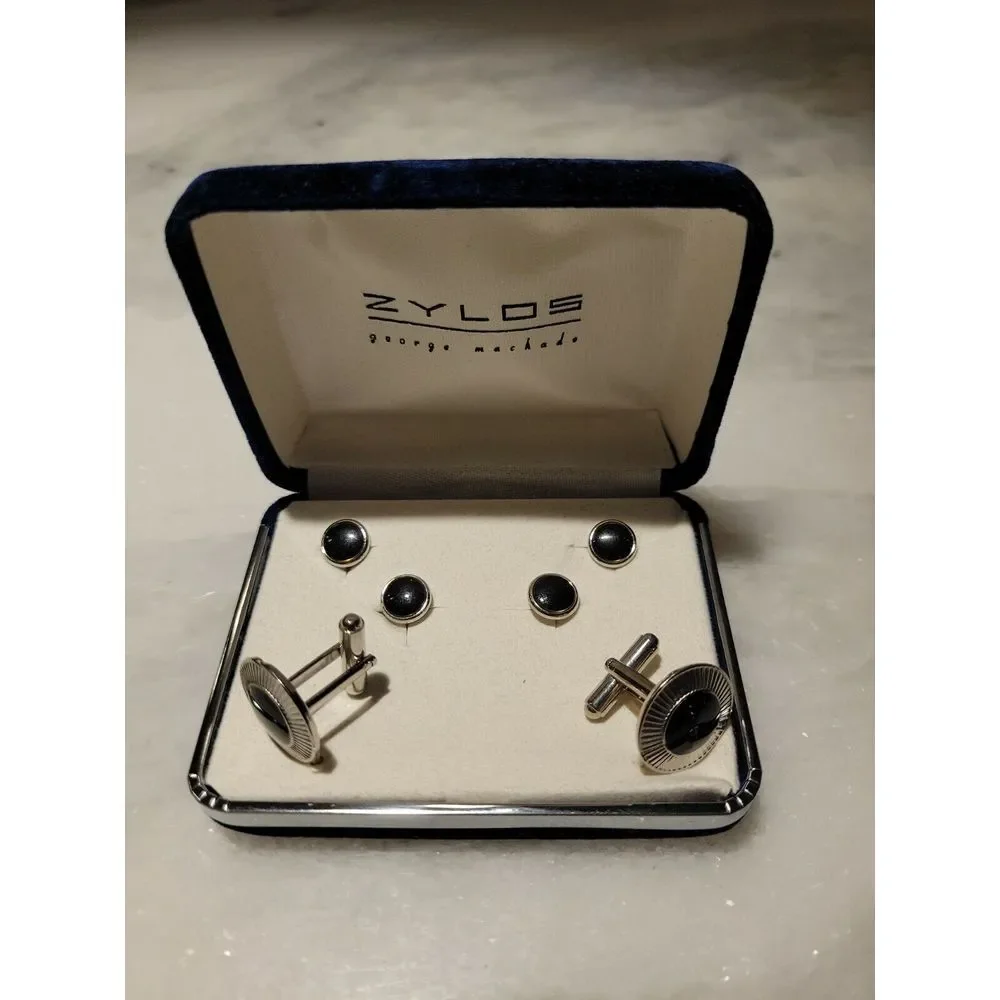 VINTAGE ZYLOS GEORGE MACHADO SILVER TONE & ONYX CUFF LINKS SET